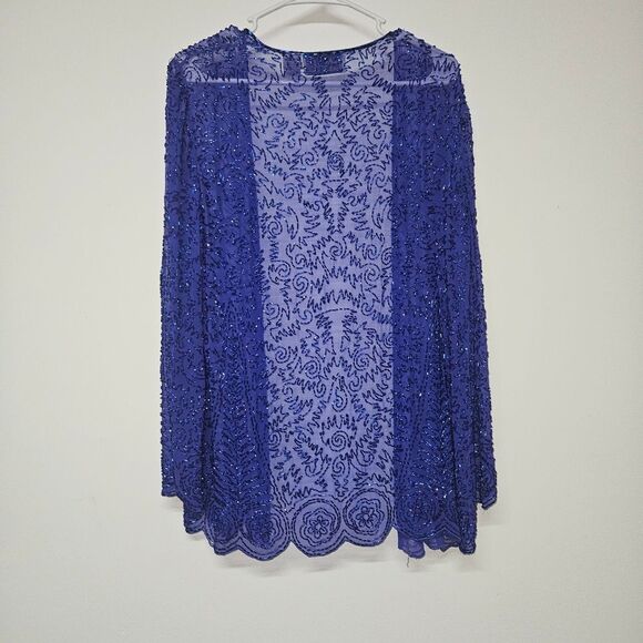 Elegant Blue Beaded 100% Silk Cardigan By Blavk Tie Oleg Cassini Size 10 - Picture 4 of 6